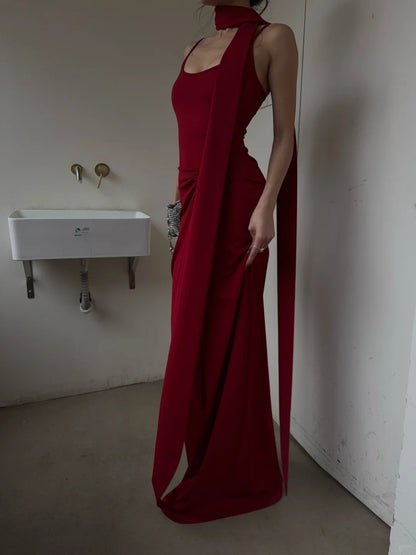 Elegantes rotes Meerjungfrauen-Abendkleid mit Spaghettiträgern und Schal – ästhetisches Design für Teenager, festliche Abendgarderobe, Party-Outfit, Ballkleid AB1116