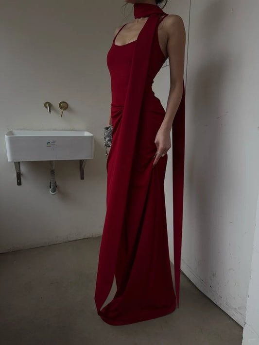Classy Mermaid Spaghetti Straps Red With Scarf Long Prom Dresses Aesthetic For Teens Formal Dress Party Outfits Prom Gown AB1116