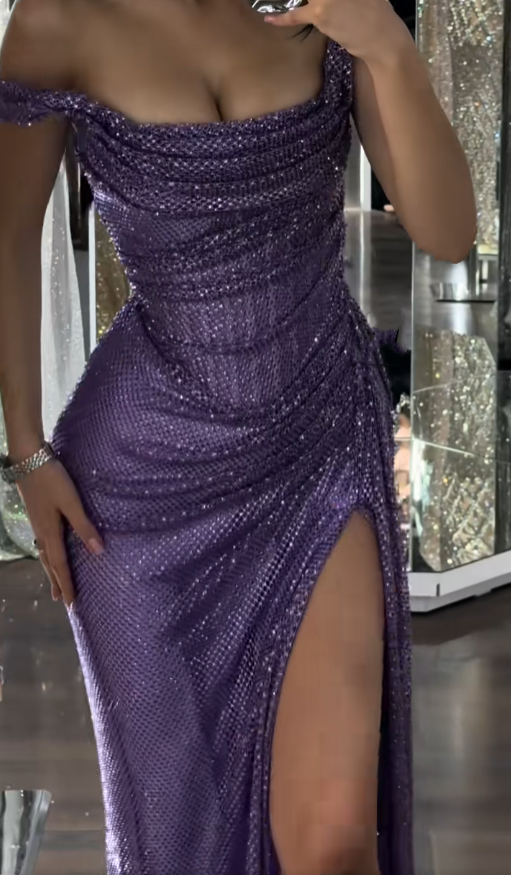Shinning Mermaid Off The Shoulder Lilac Slit Sequins For Women Party Dresses Long Formal Prom Dresses 18th Birthday Gown AB1334