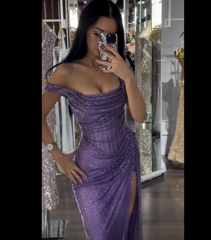 Shinning Mermaid Off The Shoulder Lilac Slit Sequins For Women Party Dresses Long Formal Prom Dresses 18th Birthday Gown AB1334