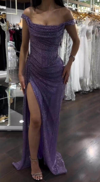 Shinning Mermaid Off The Shoulder Lilac Slit Sequins For Women Party Dresses Long Formal Prom Dresses 18th Birthday Gown AB1334