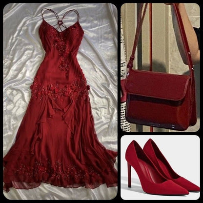 Robe de soirée longue bordeaux vintage à bretelles spaghetti et perles AB134