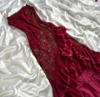 Vintage Mermaid Spaghetti Straps Hot Pink Chiffon For Women Party Dresses Formal Prom Dress Inspo 22th Birthday Gown AB1382