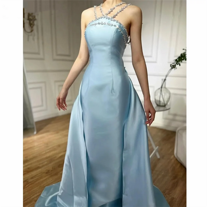 Elegantes hellblaues Meerjungfrauen-Abendkleid mit Perlenbesatz am Hals für Damen AB1451