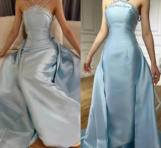 Elegant Baby Blue With Beaded Neck Mermaid Prom Dresses Evening Dress For Women AB1451