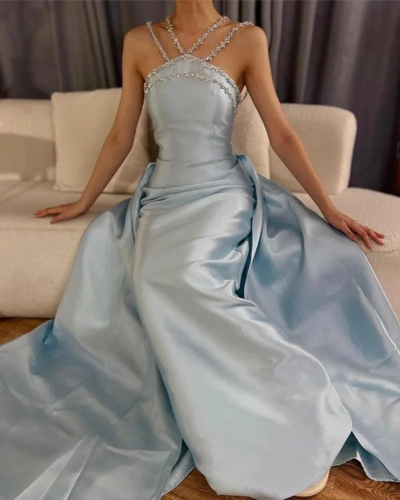 Elegantes hellblaues Meerjungfrauen-Abendkleid mit Perlenbesatz am Hals für Damen AB1451