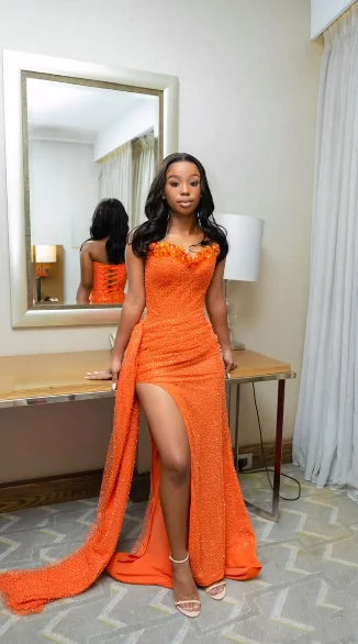 Orange Mermaid Prom Dress Sleeveless Sweetheart Sequined Formal Dress Party Gown For Women AB1531