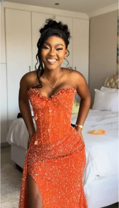 Orange Mermaid Prom Dress Sleeveless Sweetheart Sequined Formal Dress Party Gown For Women AB1531
