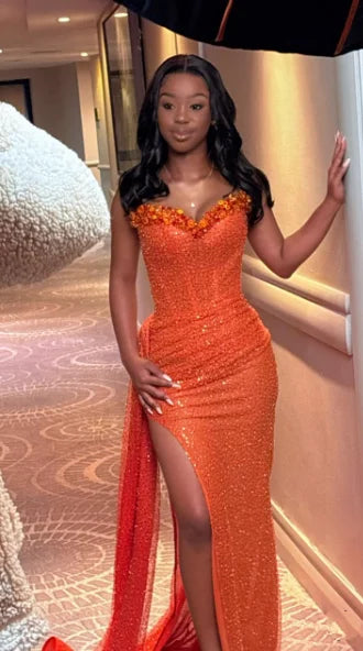 Orange Mermaid Prom Dress Sleeveless Sweetheart Sequined Formal Dress Party Gown For Women AB1531