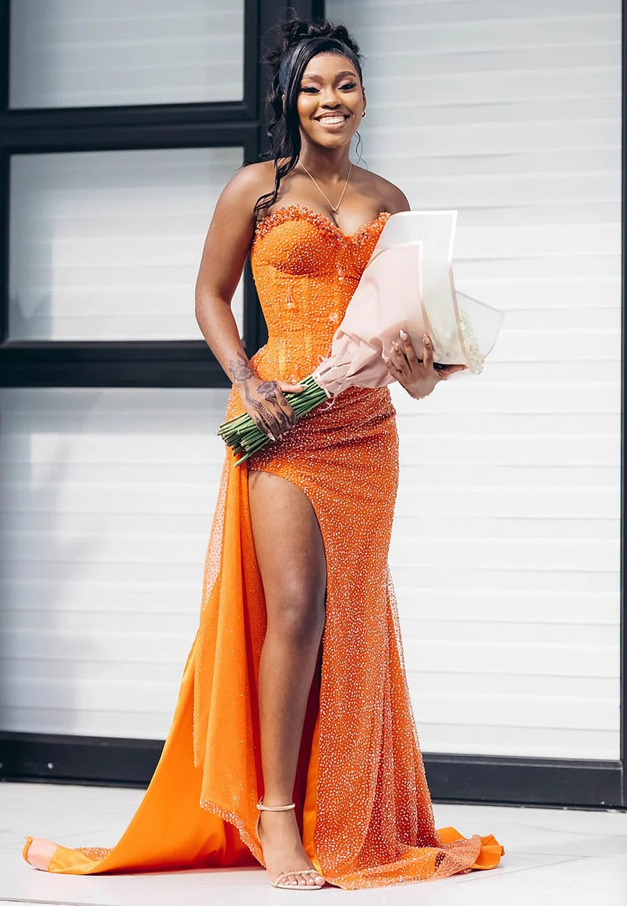Orange Mermaid Prom Dress Sleeveless Sweetheart Sequined Formal Dress Party Gown For Women AB1531