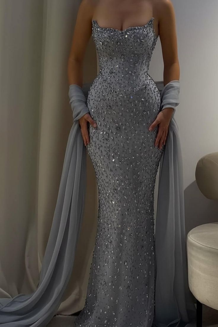 Charming Strapless Sleeveless Long Mermaid Prom Dress With Beading AB1594