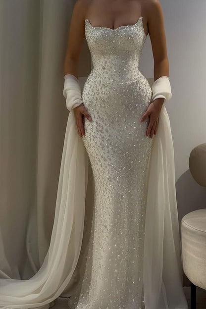 Charming Strapless Sleeveless Long Mermaid Prom Dress With Beading AB1594