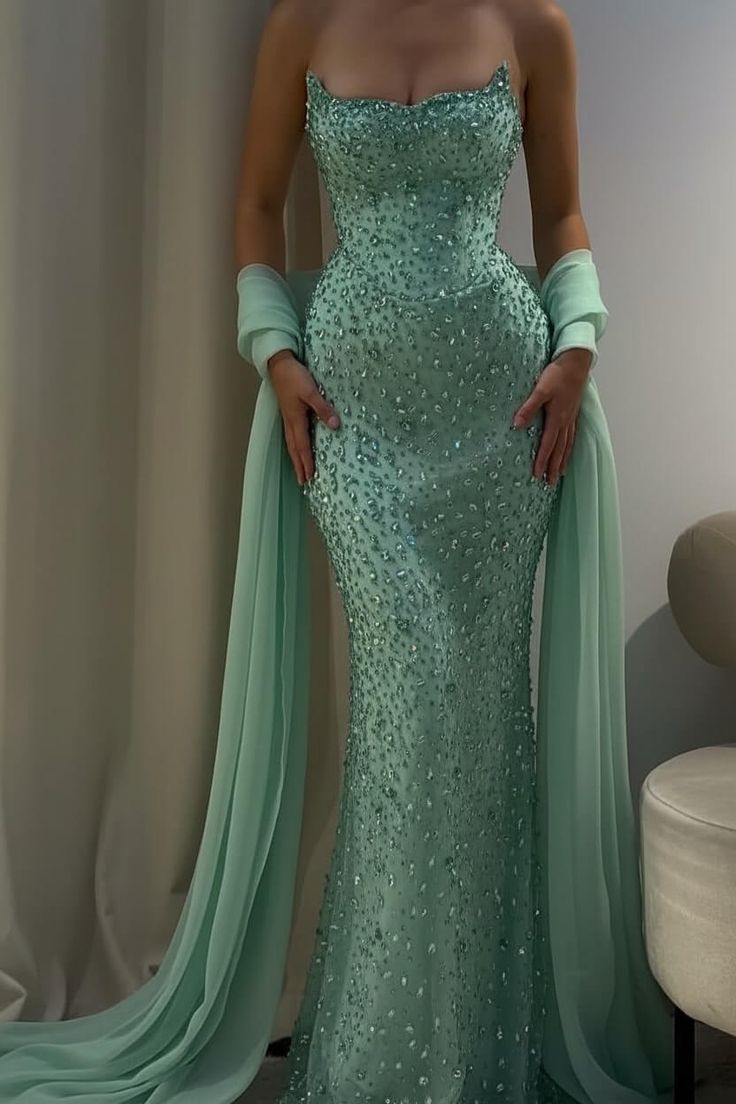Charming Strapless Sleeveless Long Mermaid Prom Dress With Beading AB1594