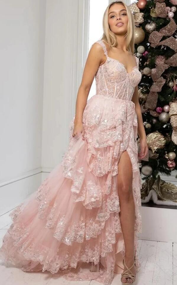 Modest Ball Gown Straps Navy Blue Lace Prom Dresses Long for Women Ruffle Formal Evening Gown AB161