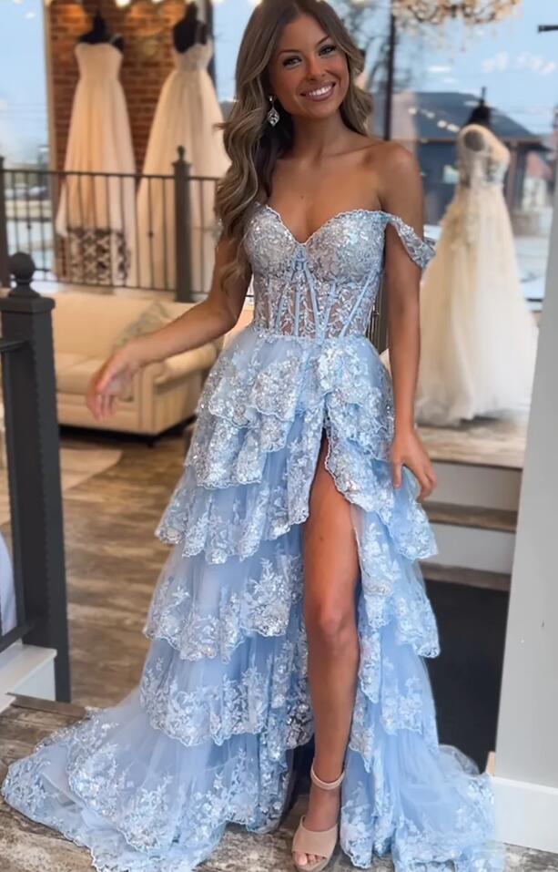 Modest Ball Gown Straps Navy Blue Lace Prom Dresses Long for Women Ruffle Formal Evening Gown AB161
