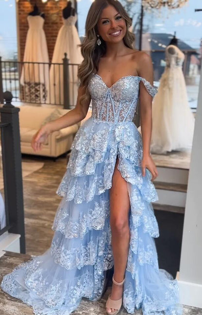 Modest Ball Gown Straps Navy Blue Lace Prom Dresses Long for Women Ruffle Formal Evening Gown AB161