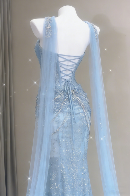 Robe de bal sirène bleue, décolleté cœur, tulle, longue robe de soirée formelle AB1664