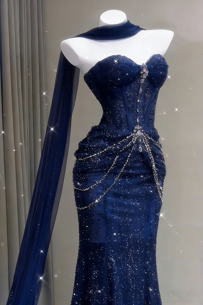 Robe de bal sirène bleue, décolleté cœur, tulle, longue robe de soirée formelle AB1664