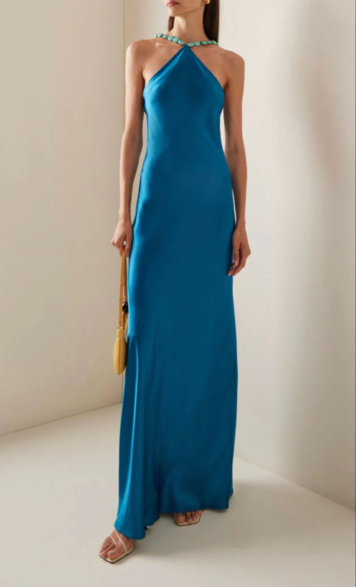 Elegante hochgeschlossene blaue Satin-Meerjungfrauen-Abendkleider für Damen N4182