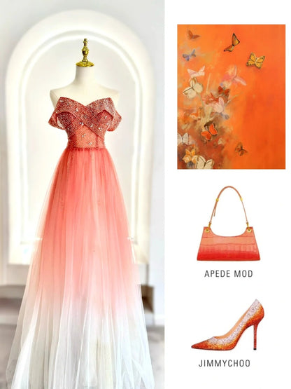 Inspiration pour robes de bal élégantes : robe de bal semi-formelle en tulle rose corail, épaules dénudées, coupe trapèze, idéale pour les lycéennes (AB1945).