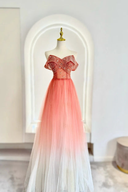 Inspiration pour robes de bal élégantes : robe de bal semi-formelle en tulle rose corail, épaules dénudées, coupe trapèze, idéale pour les lycéennes (AB1945).