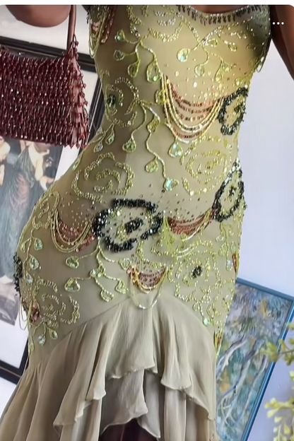 Sexy Ballkleid mit hohem/tiefem Saum, Spaghettiträgern, salbeigrünem Chiffon mit Perlen, halbformelles Abschlussballkleid für Teenager und Gymnasien AB1951