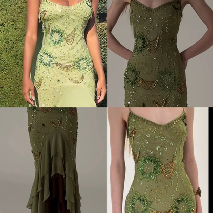 Sexy Ballkleid mit hohem/tiefem Saum, Spaghettiträgern, salbeigrünem Chiffon mit Perlen, halbformelles Abschlussballkleid für Teenager und Gymnasien AB1951