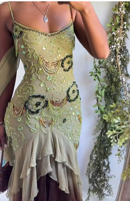 Sexy Ballkleid mit hohem/tiefem Saum, Spaghettiträgern, salbeigrünem Chiffon mit Perlen, halbformelles Abschlussballkleid für Teenager und Gymnasien AB1951
