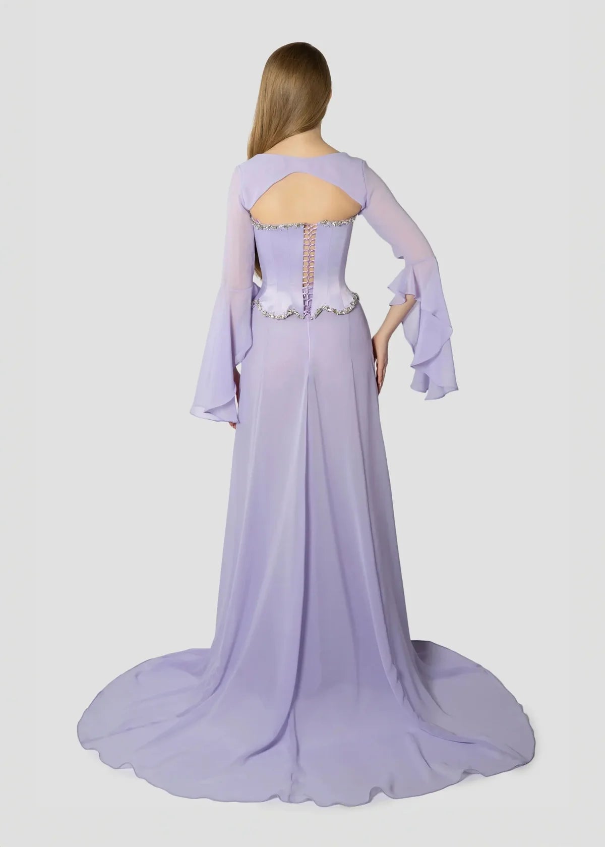 Elegant Mermaid 2 Pieces Square Neck Lilac Chiffon With Sleeves Long Formal Fancy Evening Dress Dinner Outfits Classy Party Gowns AB2023
