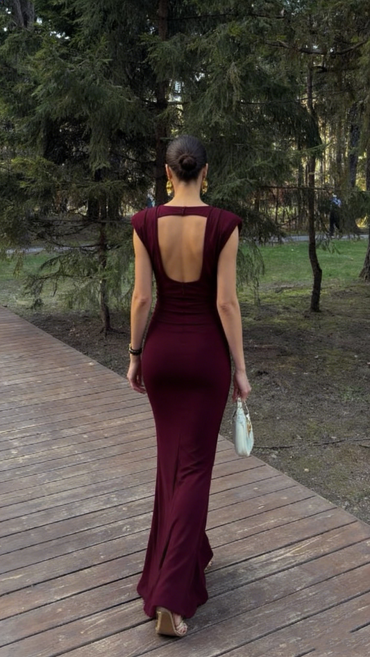 Elegantes, burgunderrotes Meerjungfrauenkleid mit U-Boot-Ausschnitt, langen Ärmeln und festlicher Abendgarderobe, ideal für Dinnerpartys und festliche Anlässe (AB2026)