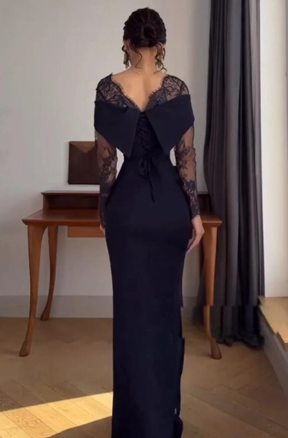 Elegant Mermaid Off The Shoulder Navy Blue With Sleeves Winter Long Formal Ideas Prom Evening Dress Dinner Outfits Party Gowns For Women AB2029