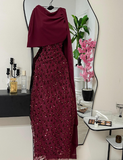 Elegantes, marineblaues Paillettenkleid mit Cape, langes, formelles Abendkleid für Ball, Dinner und festliche Anlässe AB2046