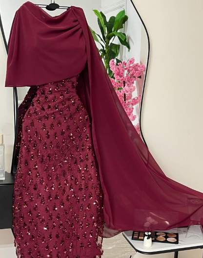 Elegantes, marineblaues Paillettenkleid mit Cape, langes, formelles Abendkleid für Ball, Dinner und festliche Anlässe AB2046