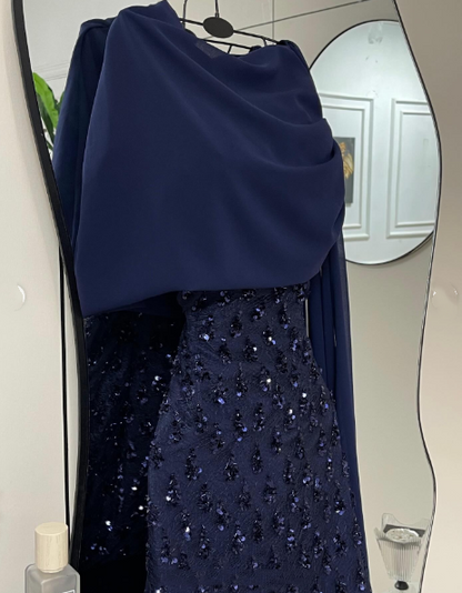 Elegantes, marineblaues Paillettenkleid mit Cape, langes, formelles Abendkleid für Ball, Dinner und festliche Anlässe AB2046