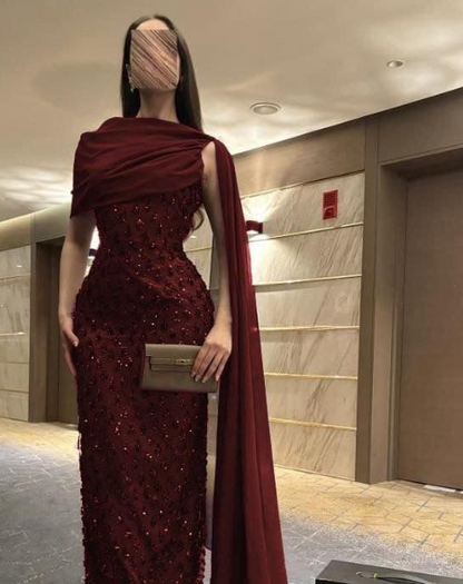 Elegantes, marineblaues Paillettenkleid mit Cape, langes, formelles Abendkleid für Ball, Dinner und festliche Anlässe AB2046