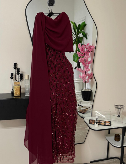 Elegantes, marineblaues Paillettenkleid mit Cape, langes, formelles Abendkleid für Ball, Dinner und festliche Anlässe AB2046