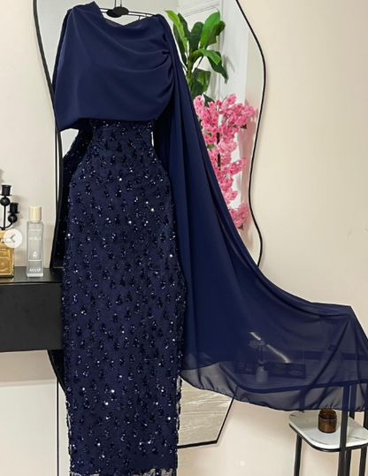 Elegantes, marineblaues Paillettenkleid mit Cape, langes, formelles Abendkleid für Ball, Dinner und festliche Anlässe AB2046