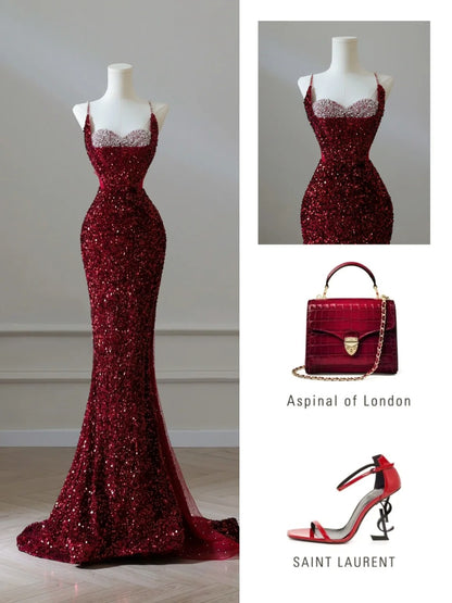Robe de soirée longue bordeaux à fines bretelles et sequins, style sirène, ornée de paillettes et de sequins, idéale pour un bal de promo ou un dîner chic (AB2047)