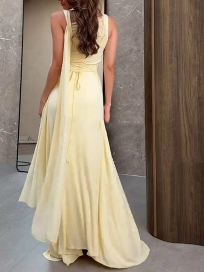 Robe de soirée longue jaune élégante, coupe sirène, col carré, cintrée, idéale pour un bal de promo ou un dîner chic (AB2050)