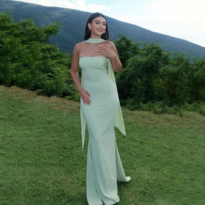 Classy Mermaid Strapless Slim Yellow With Scarf Long Formal Fancy Prom Evening Dresses Dinner Outfits Classy Party Gown AB2052
