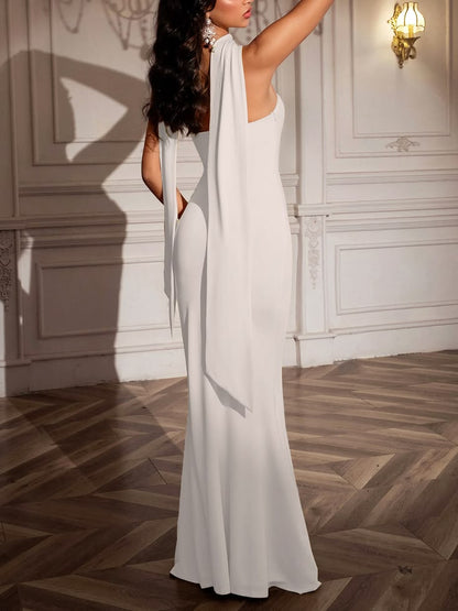 Classy Mermaid Strapless Slim Yellow With Scarf Long Formal Fancy Prom Evening Dresses Dinner Outfits Classy Party Gown AB2052