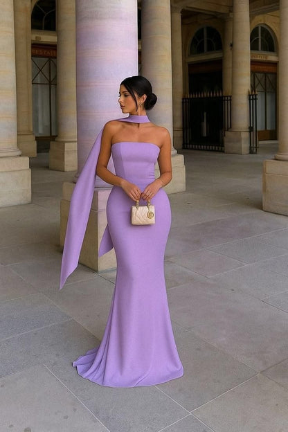 Classy Mermaid Strapless Slim Yellow With Scarf Long Formal Fancy Prom Evening Dresses Dinner Outfits Classy Party Gown AB2052