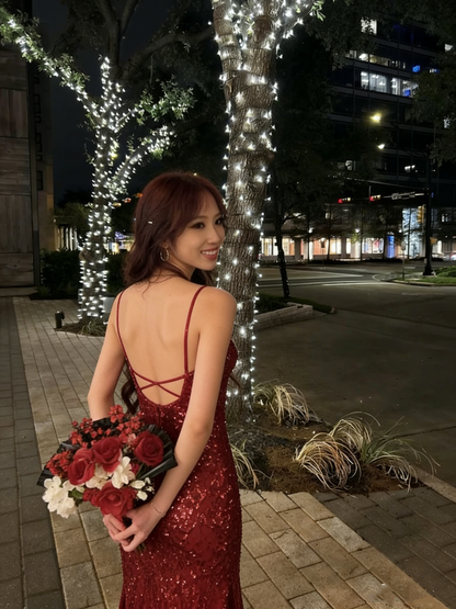 Elegant Mermaid V Neck Burgundy With Sequins Long Formal Fancy Evening Dress Dinner Outfits Classy Party Gowns AB2053
