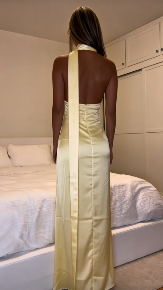 Elegantes, langes, formelles Meerjungfrauen-Abendkleid mit V-Ausschnitt, schmal geschnitten, gelb, mit Schal, AB2054