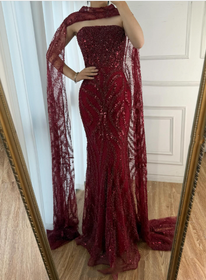 Robe de soirée longue élégante bordeaux, bustier sirène, ornée de sequins et d'une écharpe - AB2060