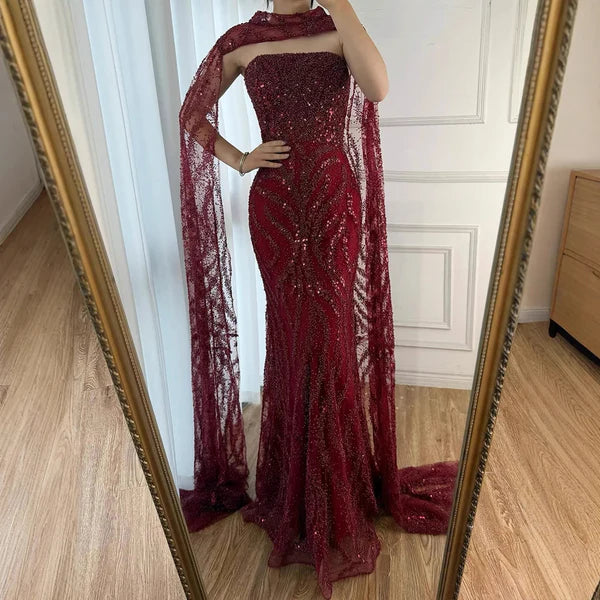 Robe de soirée longue élégante bordeaux, bustier sirène, ornée de sequins et d'une écharpe - AB2060