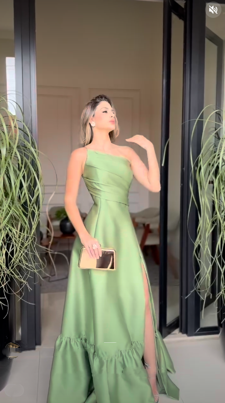 Elegante Ballkleider-Inspiration: A-Linien-Kleid mit One-Shoulder-Schulter, grünes Satin-Kleid, lang, semi-formell, für Teenager, Tanz, Abschlussball, AB2071