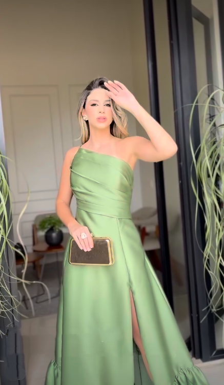 Elegante Ballkleider-Inspiration: A-Linien-Kleid mit One-Shoulder-Schulter, grünes Satin-Kleid, lang, semi-formell, für Teenager, Tanz, Abschlussball, AB2071