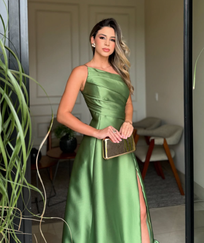 Elegante Ballkleider-Inspiration: A-Linien-Kleid mit One-Shoulder-Schulter, grünes Satin-Kleid, lang, semi-formell, für Teenager, Tanz, Abschlussball, AB2071