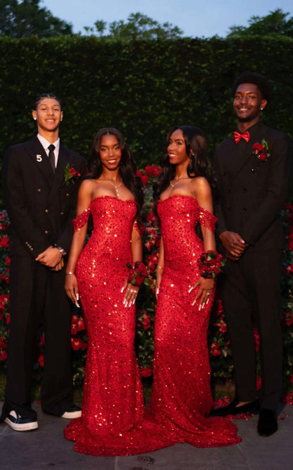 Glitter Mermaid Off The Shoulder Red Sequins Long Formal Fancy Prom Evening Dress Dinner Outfits Classy Party Gowns For Black Girls AB2086